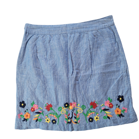 Talbots Blue Chambray Linen Cotton Floral Embroidered Skirt Size 10P - Picture 1 of 8